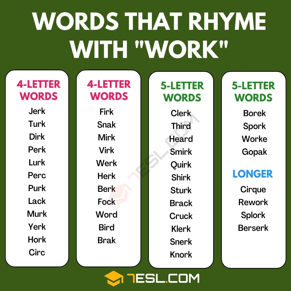 135 Cool Examples Of Words That Rhyme With Work 7ESL