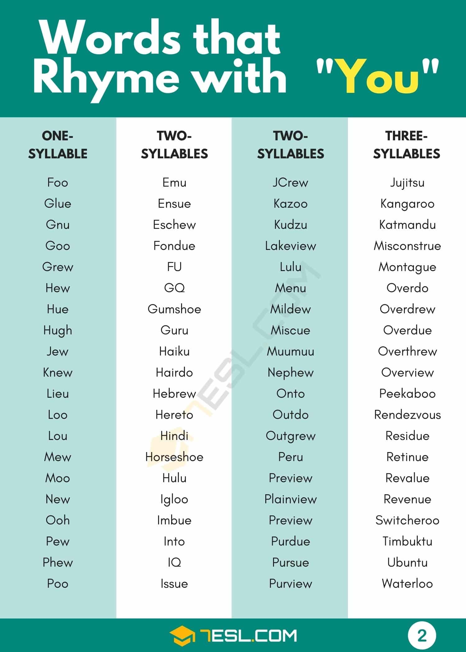 232 Amazing Words That Rhyme With You In English 7ESL