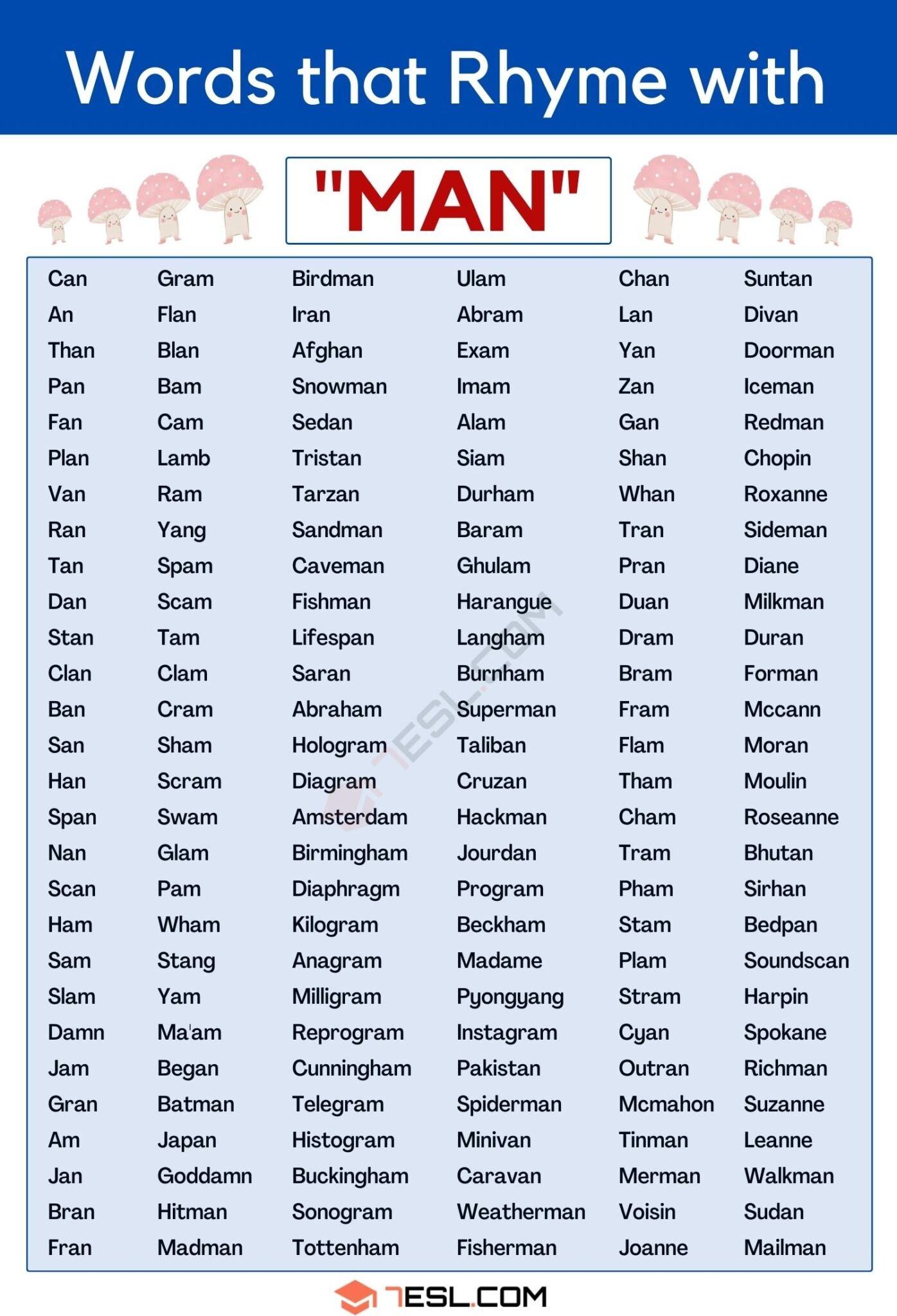 270 Awesome Words That Rhyme With Man In English 7ESL 270 Awesome Words That Rhyme With Man In English 7ESL