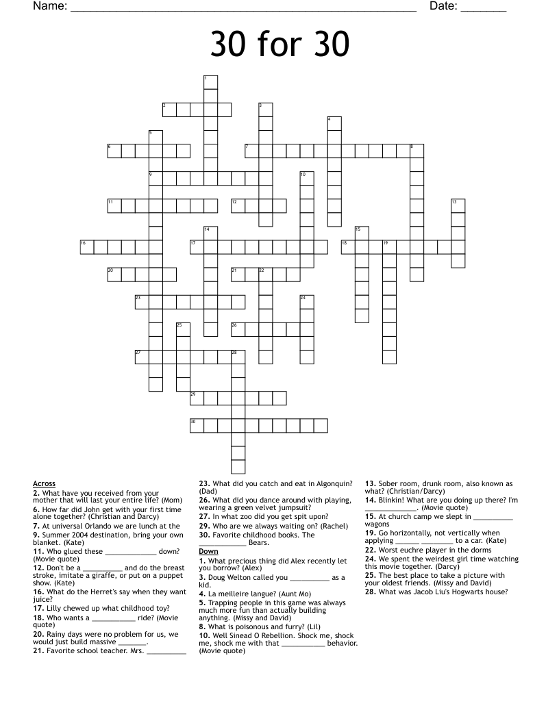 30 For 30 Crossword WordMint