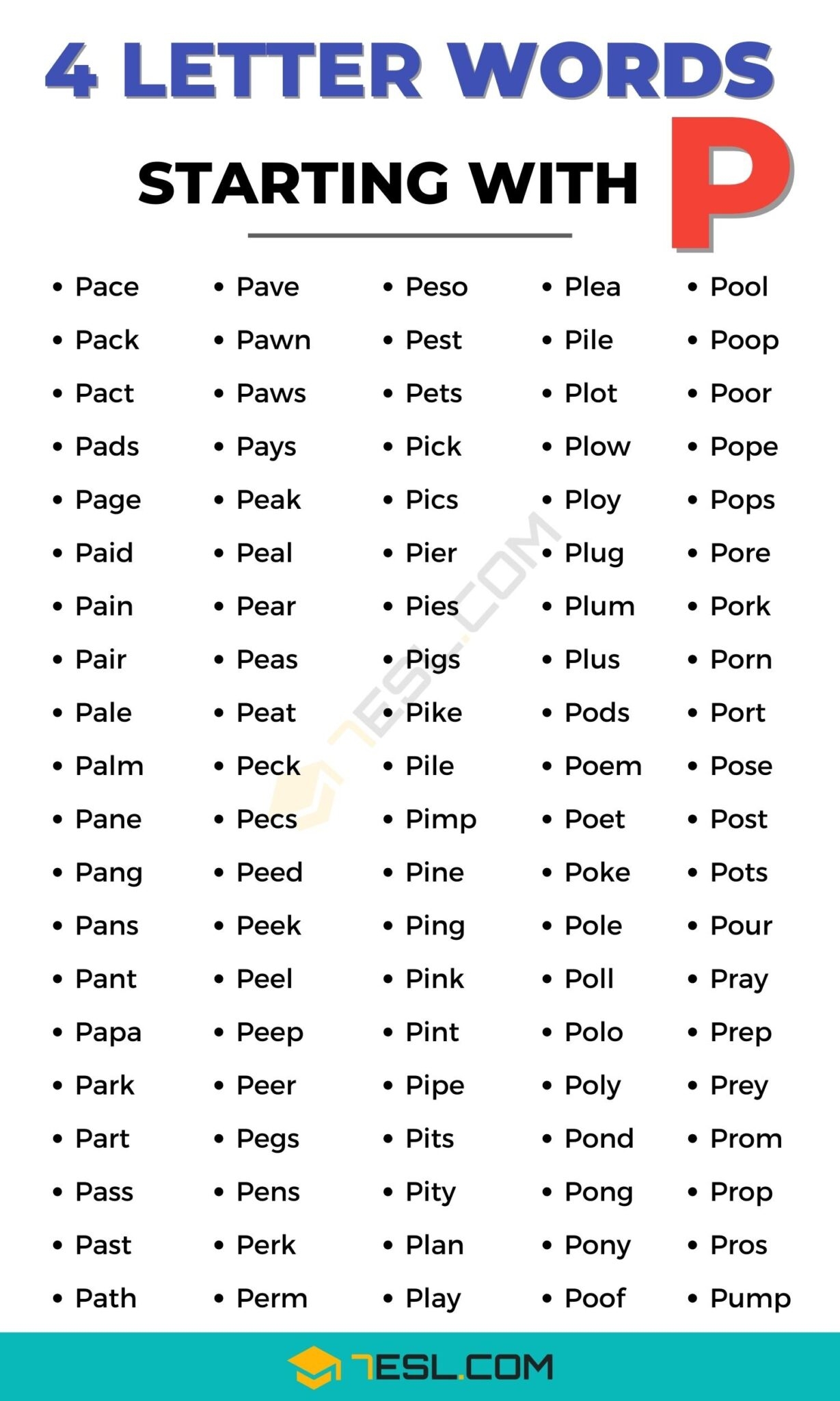 4 Letter Words Starting With P 100 Words In English 7ESL