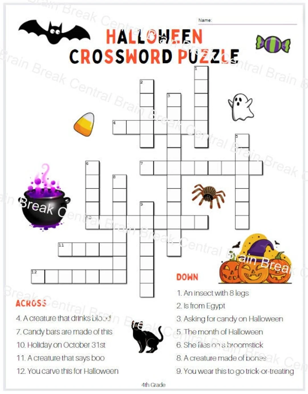 4th Grade Halloween Crossword Puzzle With Answer Key Etsy Hong Kong