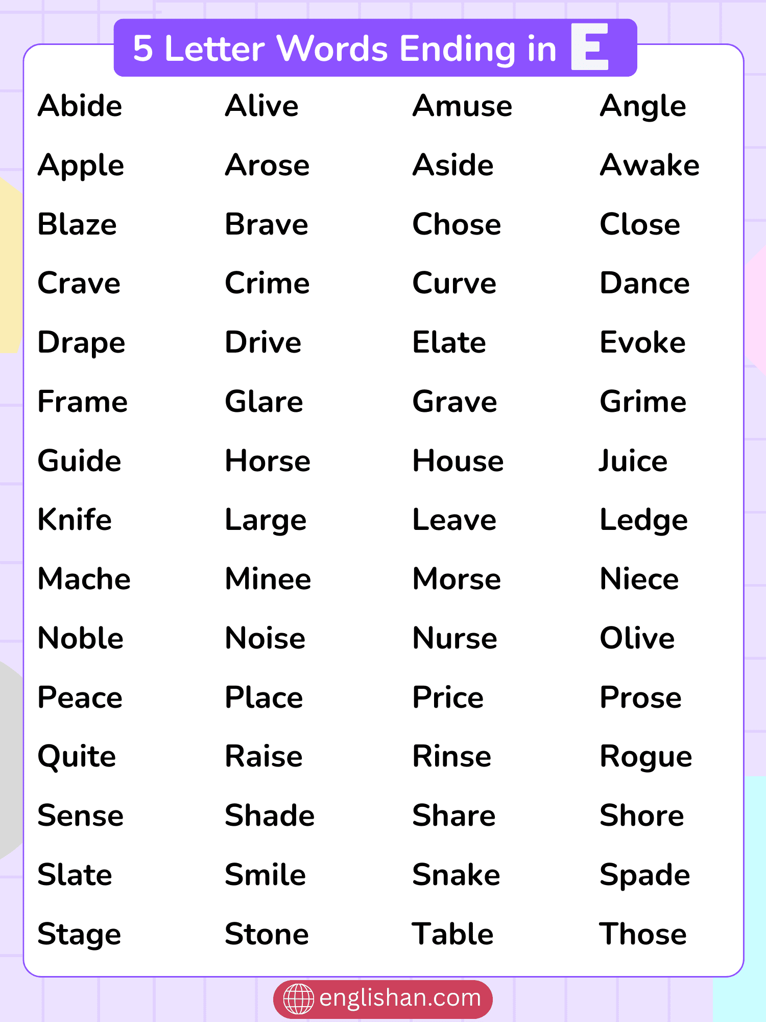 5 Letter Words Ending In E 1800 Words 5 Letter Words Ending In E 1800 Words