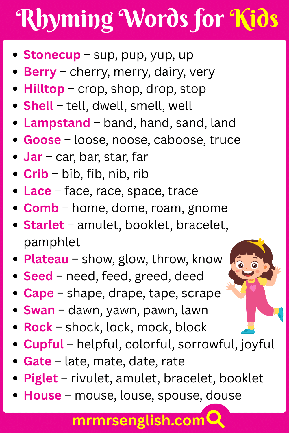 500 Rhyming Words For Kids In English With Pictures MR MRS ENGLISH