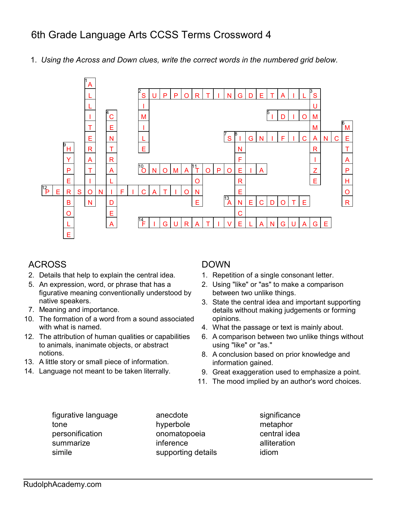 6th Grade Language Arts CCSS Terms Crossword Puzzle 6th Grade Language Arts CCSS Terms Crossword Puzzle