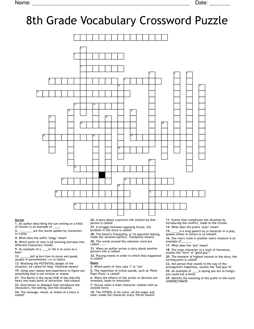 8th Grade Vocabulary Crossword Puzzle WordMint