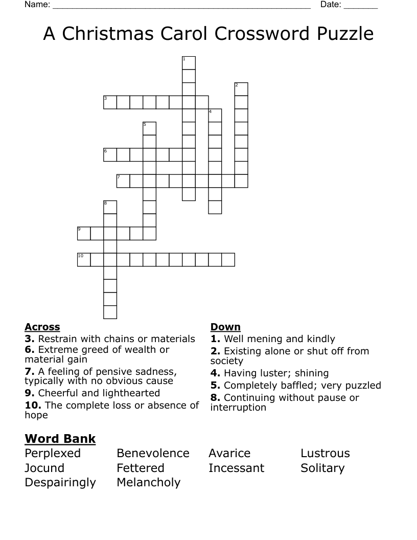 A Christmas Carol Crossword Puzzle WordMint