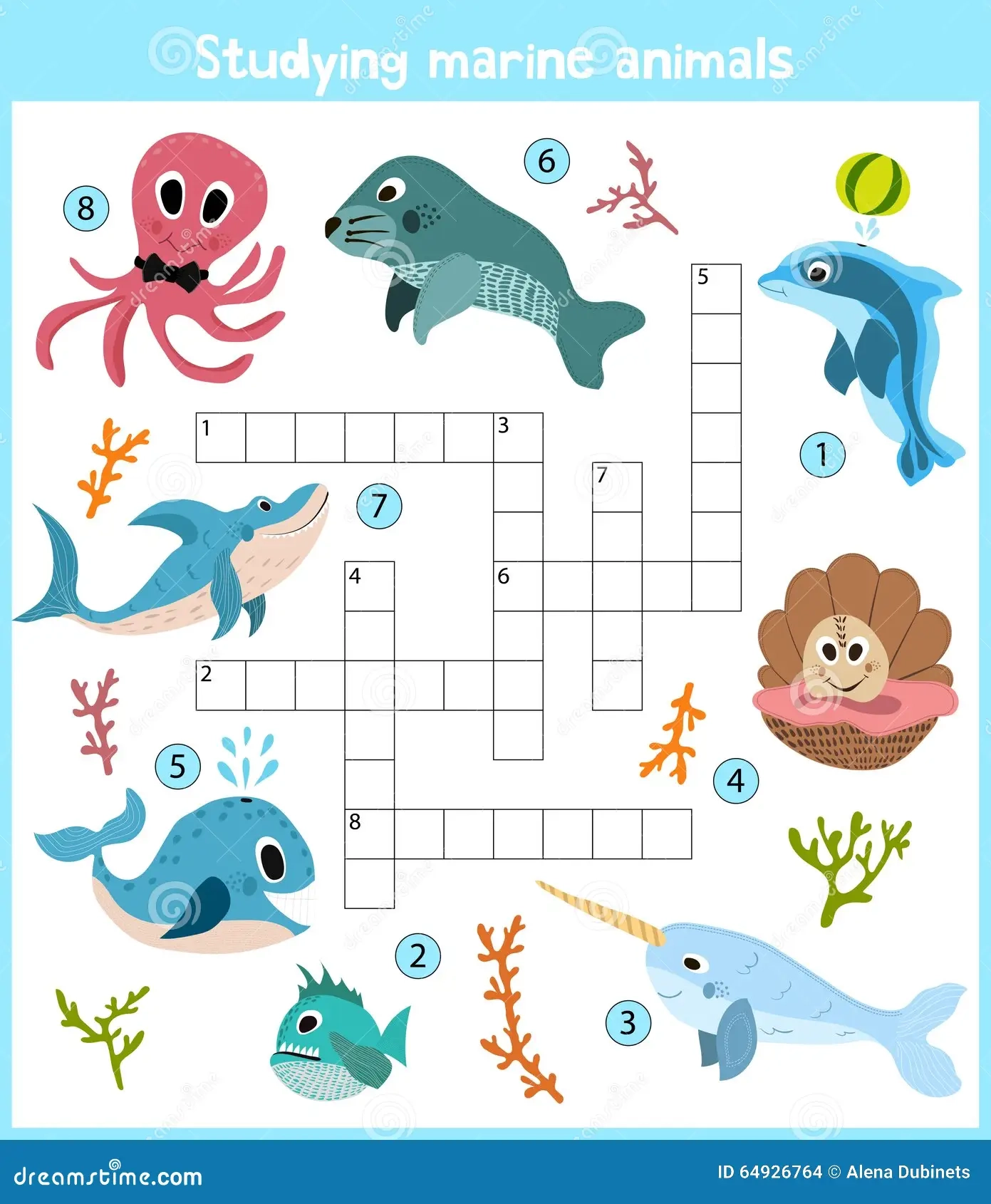 A Colorful Children s Cartoon Crossword Education Game For Children On The Theme Of Sea Animals And Fishes Living In The Seas And Stock Illustration Illustration Of Isolated Fish 64926764