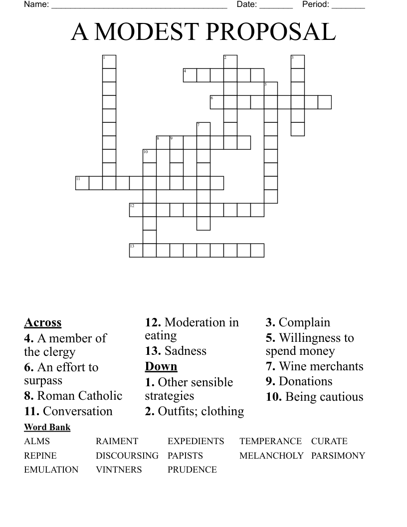 A MODEST PROPOSAL Crossword WordMint