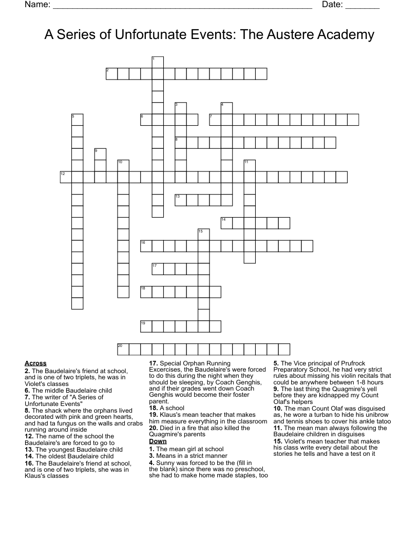 A Series Of Unfortunate Events Crossword WordMint