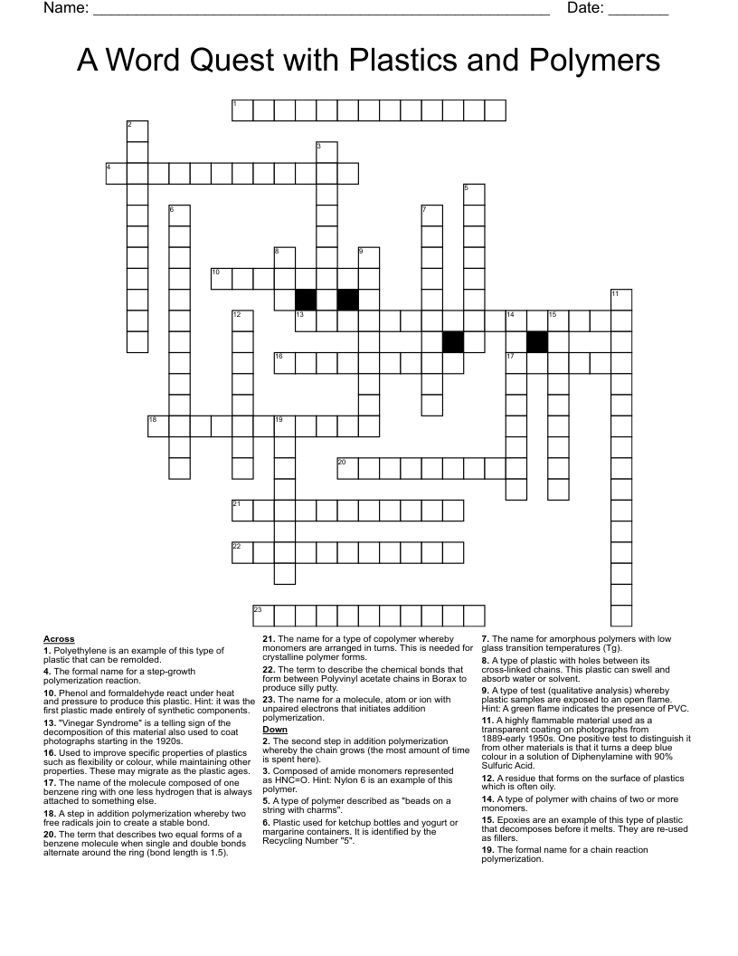A Word Quest With Plastics And Polymers Crossword WordMint