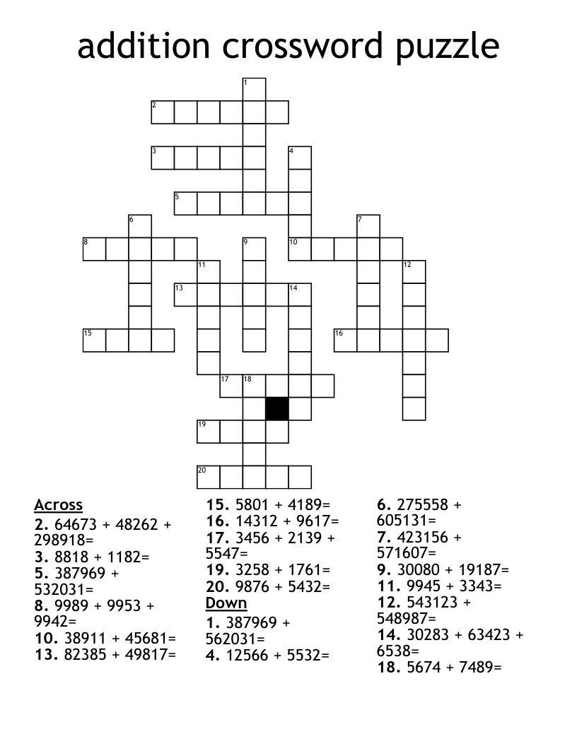 Addition Crossword Puzzle WordMint Addition Crossword Puzzle WordMint