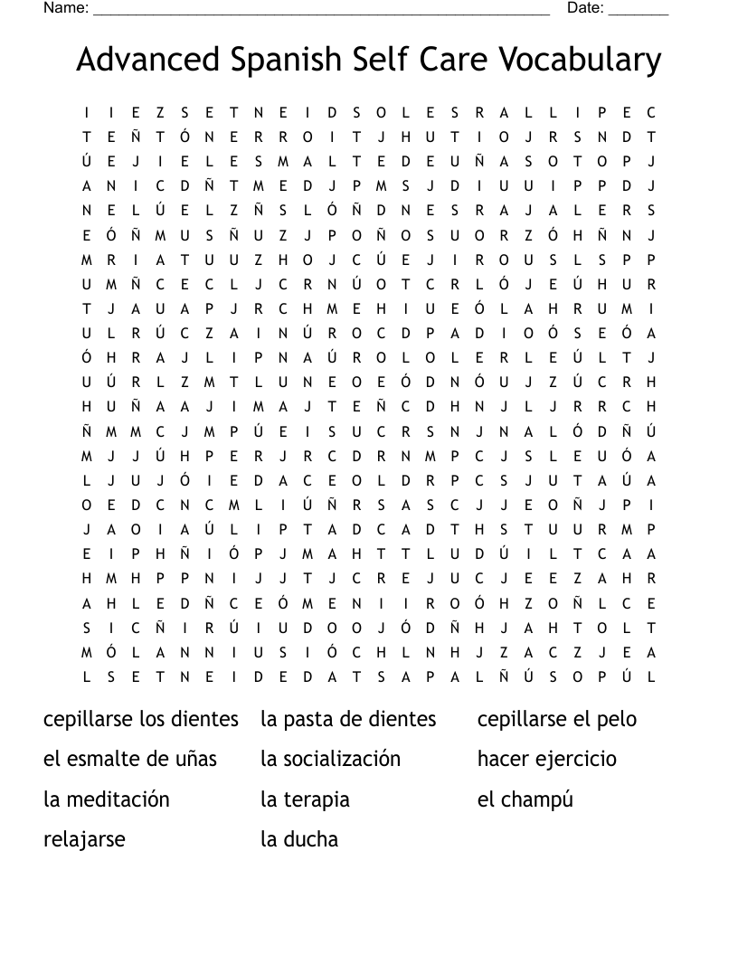 Advanced Spanish Self Care Vocabulary Word Search WordMint