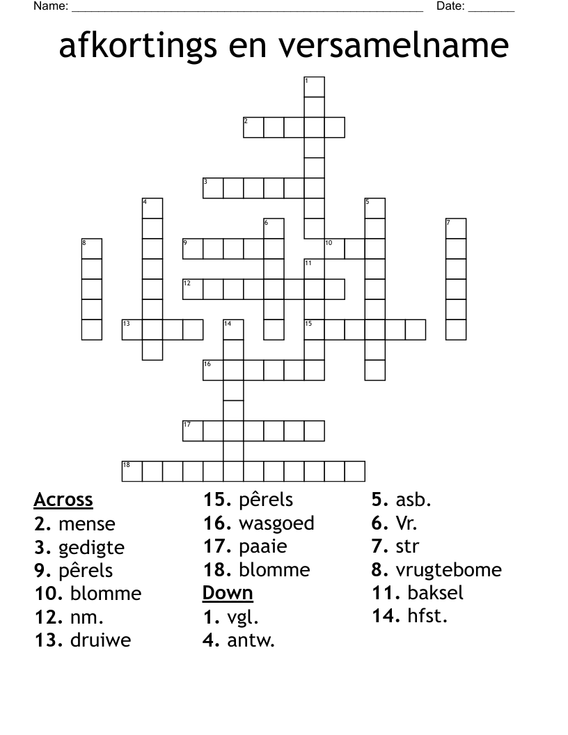 Afkortings En Versamelname Crossword WordMint
