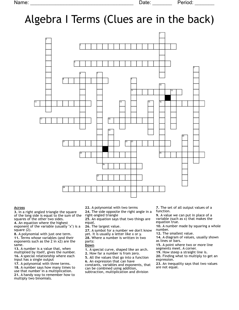 Algebra I Terms Clues Are In The Back Crossword WordMint