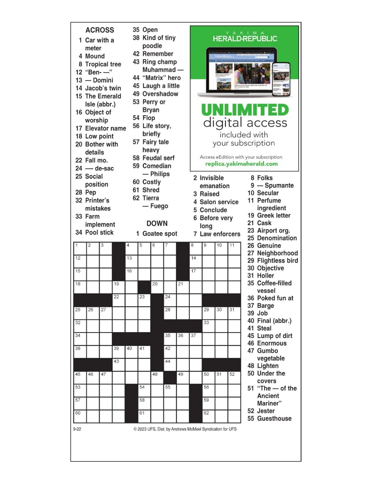 AM Crossword Sept 22 2023 Crosswords Yakimaherald