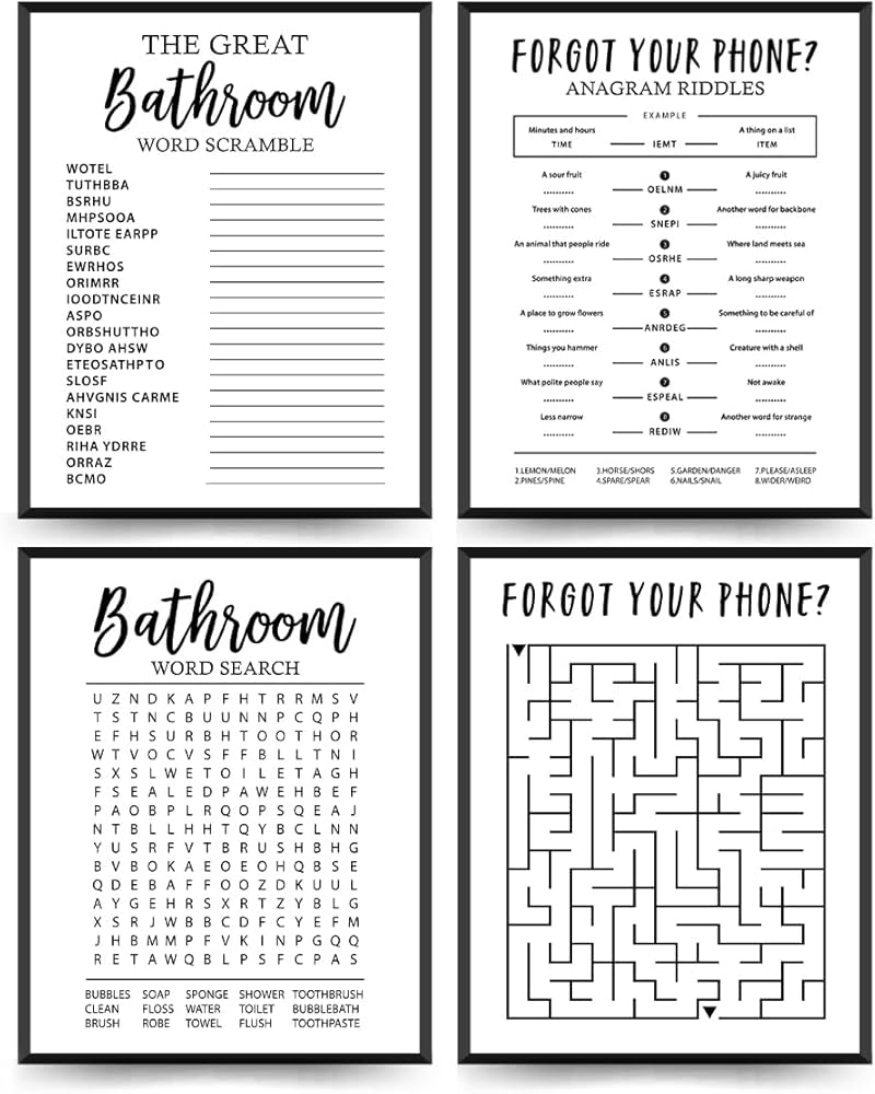 Amazon ETVISO Funny Bathroom Decor Wall Art Set Of 4 Funny Crossword Puzzle Wall Art Funny Forget Your Phone Bathroom Word Search Wall Decor 8x10 Unframed Posters Prints
