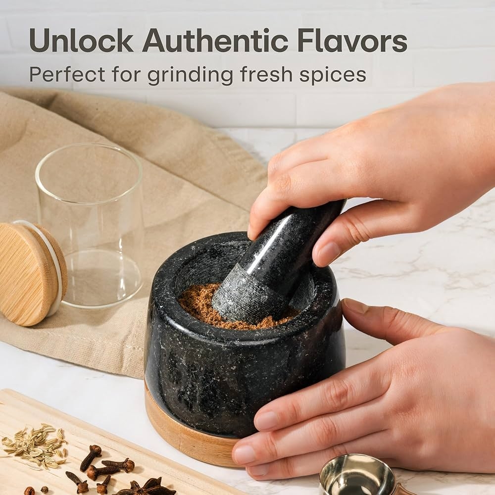 Amazon Praknu Mortar And Pestle Set Small Heavy Duty 1 Cup Stone Grinder For Spices Herbs Durable Granite Molcajete Guacamole Bowl With Non Slip Wooden Base Effortless Grinding 