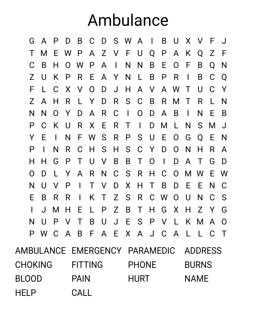 Ambulance Word Search WordMint Ambulance Word Search WordMint