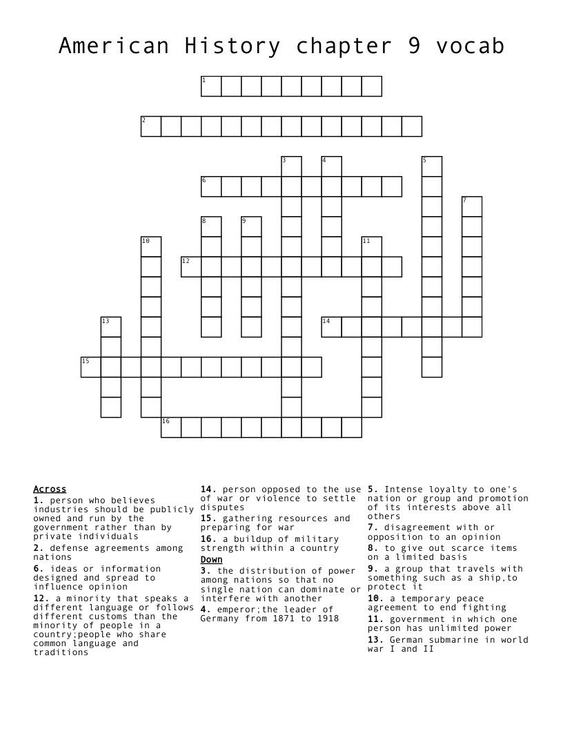 American History Chapter 9 Vocab Crossword WordMint