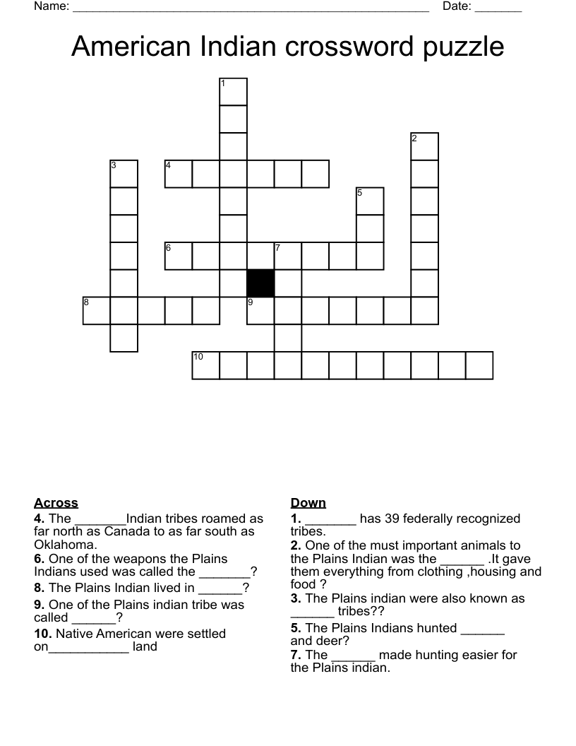 American Indian Crossword Puzzle WordMint