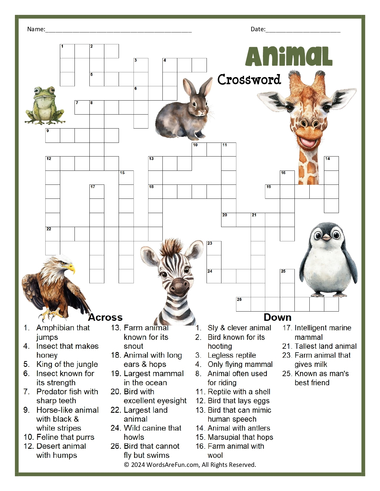 Animal Crossword Puzzle Animal Crossword Puzzle