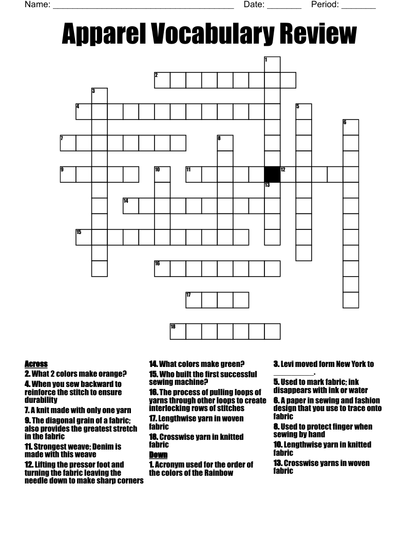 Apparel Vocabulary Review Crossword WordMint