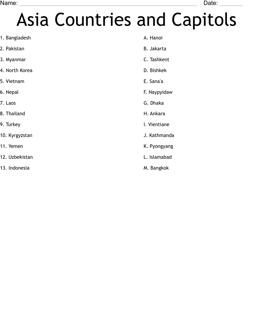 Asia Countries And Capitols Worksheet WordMint