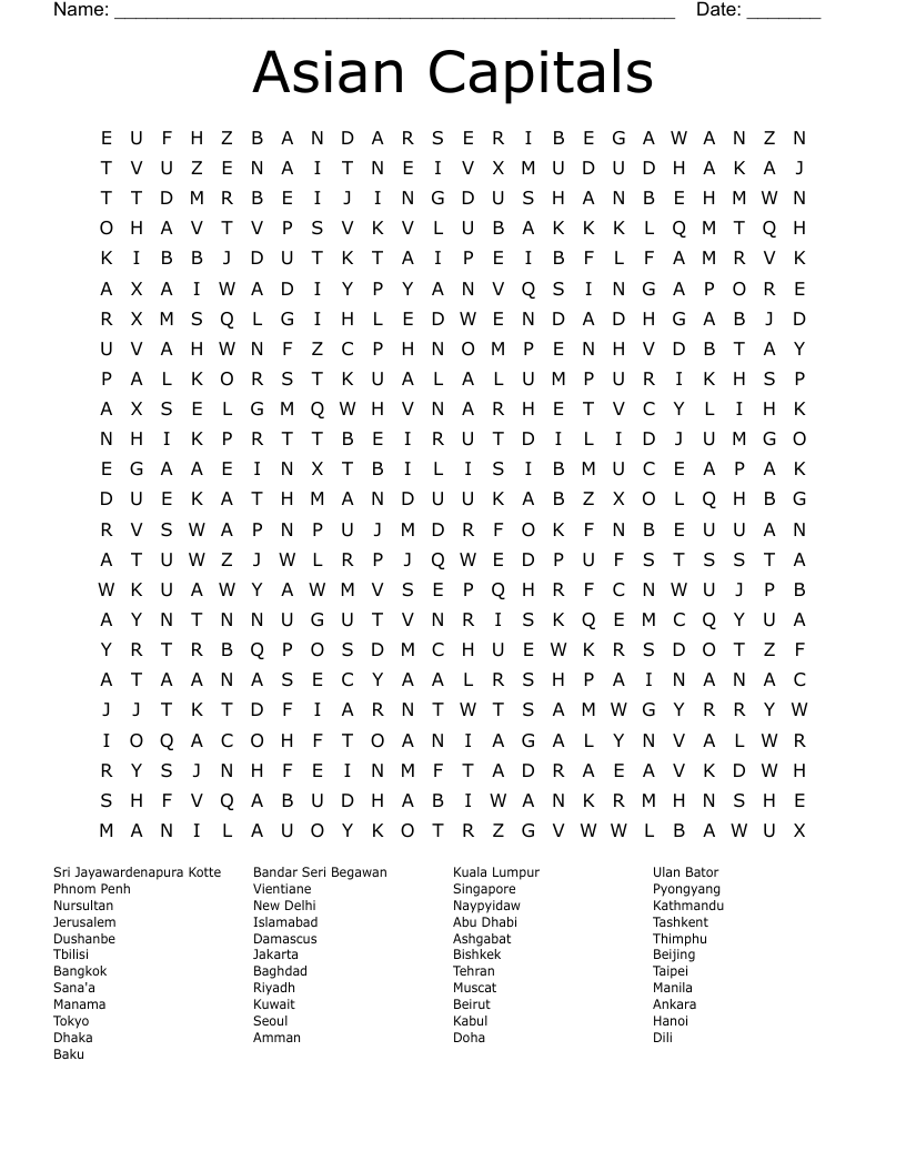 Asian Capitals Word Search WordMint