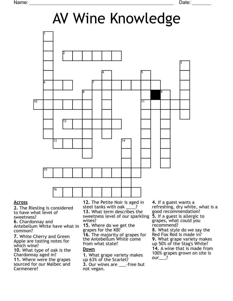 AV Wine Knowledge Crossword WordMint
