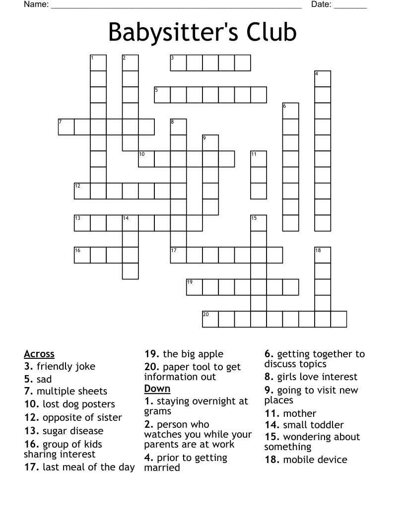 Babysitter s Club Crossword WordMint