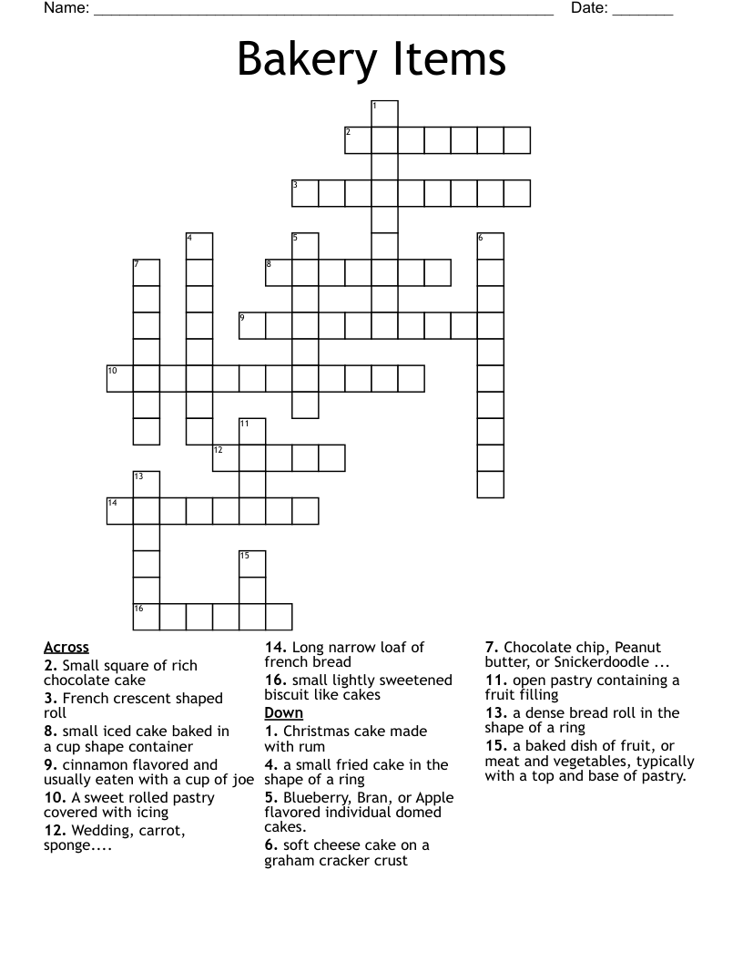 Bakery Items Crossword WordMint