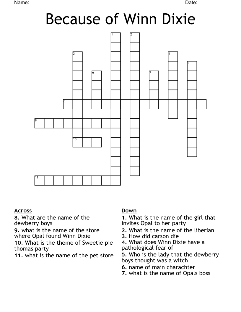Because Of Winn Dixie Crossword WordMint