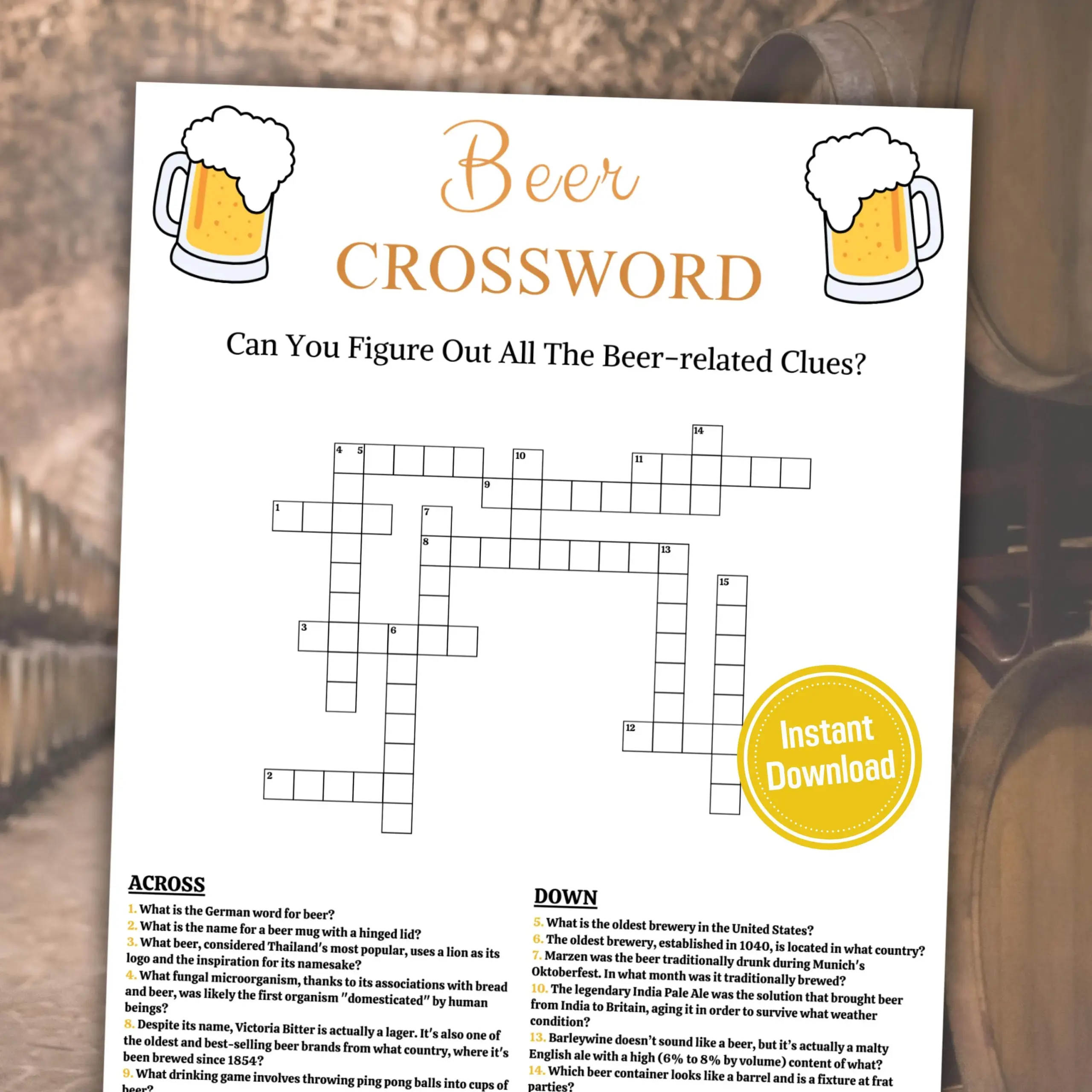 Beer Crossword Game Printable Beer Party Crossword Puzzle Beer Party Trivia Game Word Game With Answers Instant Download PDF Etsy New Zealand