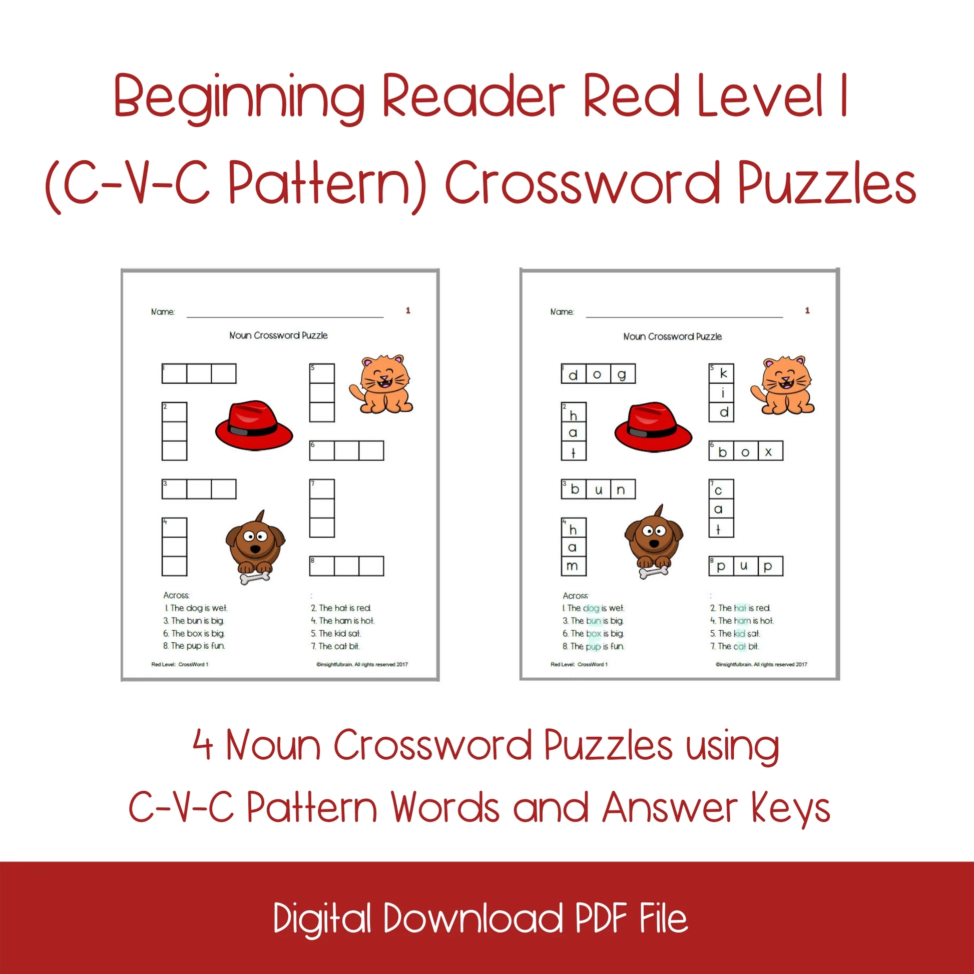 Beginning Noun CrossWord Puzzle Red Level C V C Pattern Montessori For Learning By Insightful Brain