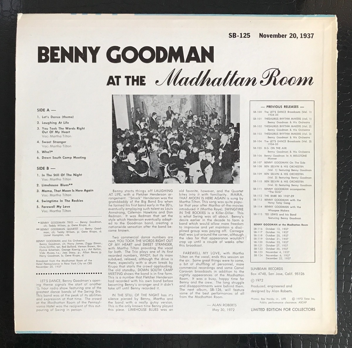 BENNY GOODMAN At The Manhattan Room Nov 20 1937 Martha Tilton Gene Krupa LP EBay