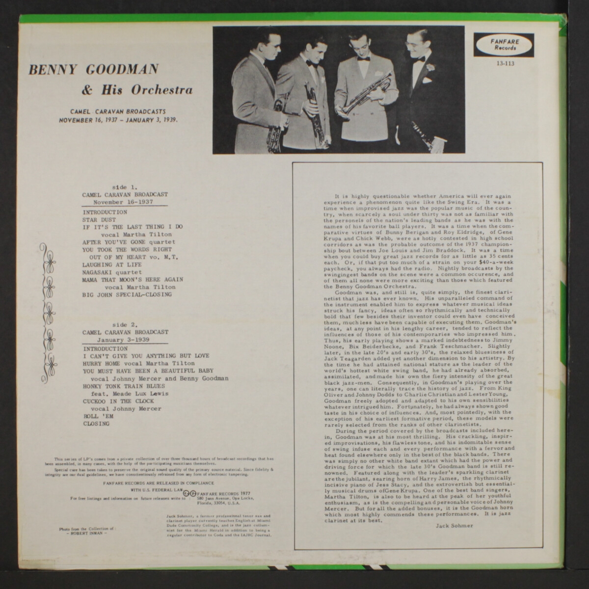 BENNY GOODMAN Camel Caravan Broadcasts 1937 9 FANFARE 12 LP 33 RPM EBay