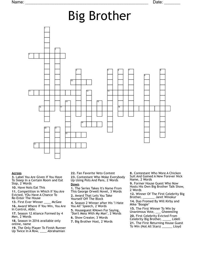 Big Brother Crossword WordMint