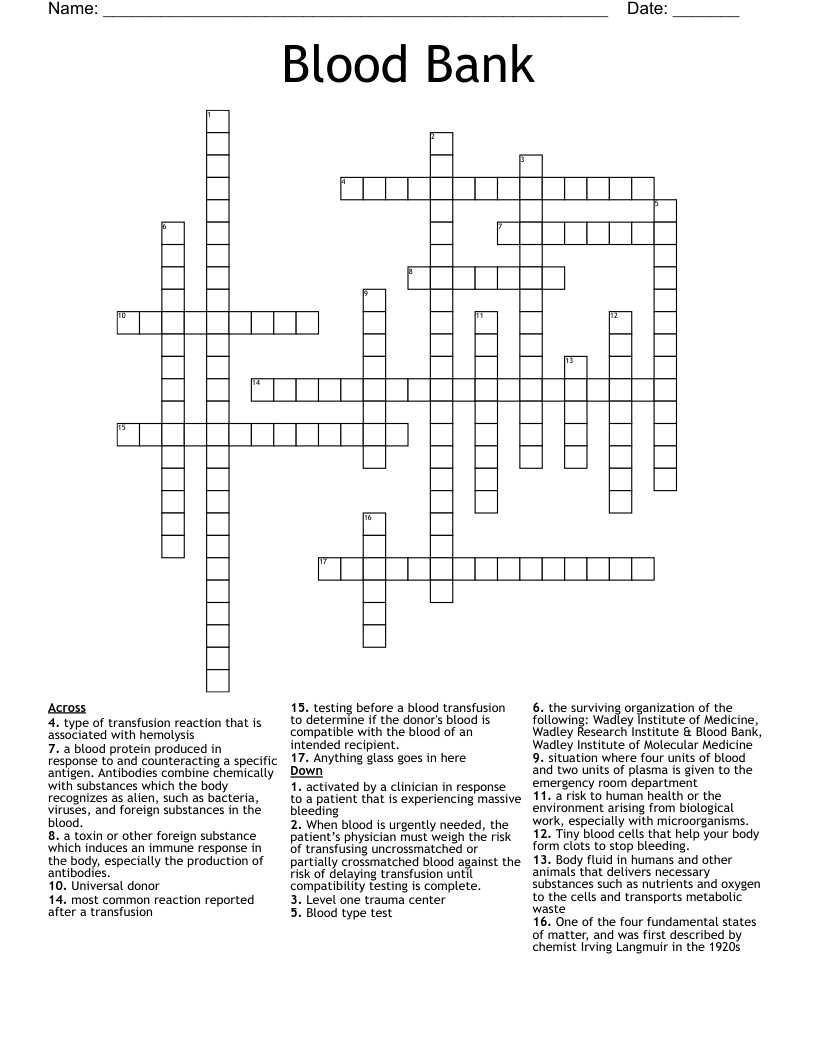 Blood Bank Crossword WordMint