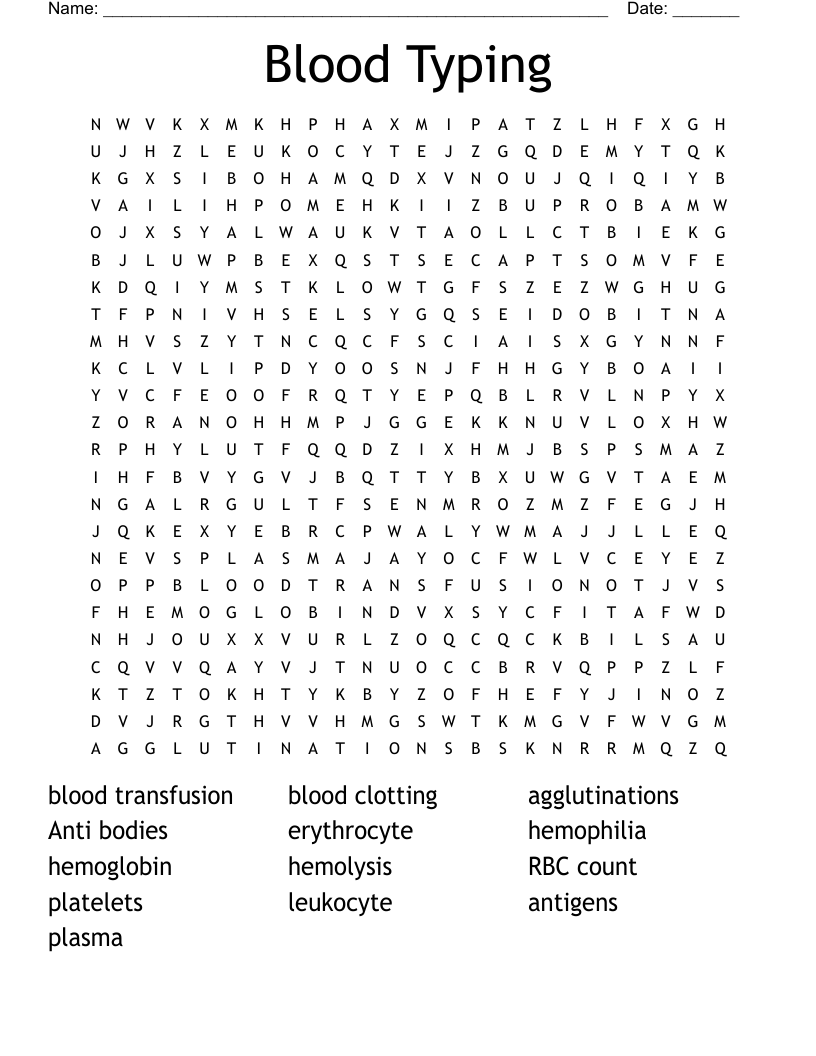Blood Typing Word Search WordMint Blood Typing Word Search WordMint