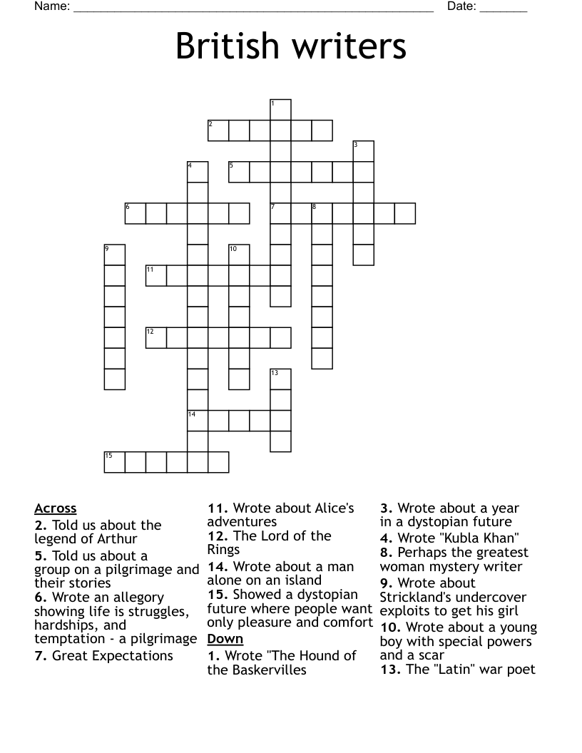 British Writers Crossword WordMint British Writers Crossword WordMint