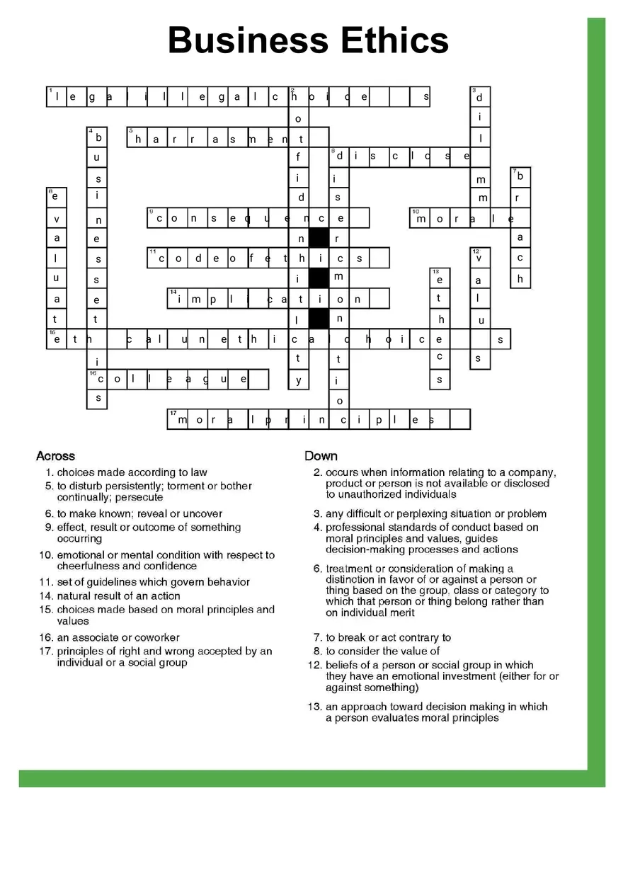 Business Ethics Crossword Answer Key Answer Key Edubirdie