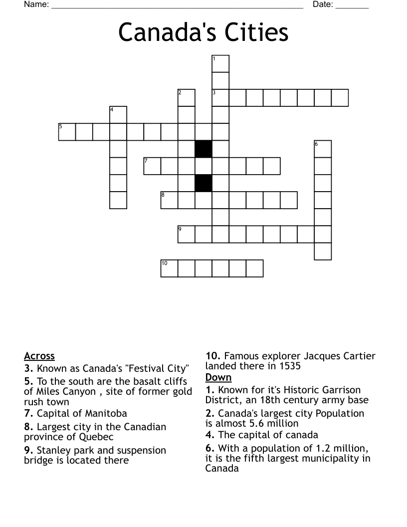 Canada s Cities Crossword WordMint Canada s Cities Crossword WordMint
