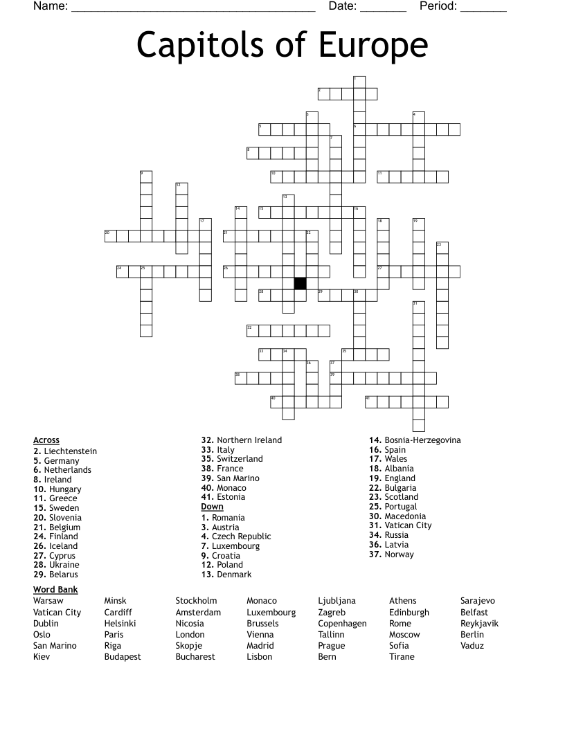 Capitols Of Europe Crossword WordMint Capitols Of Europe Crossword WordMint
