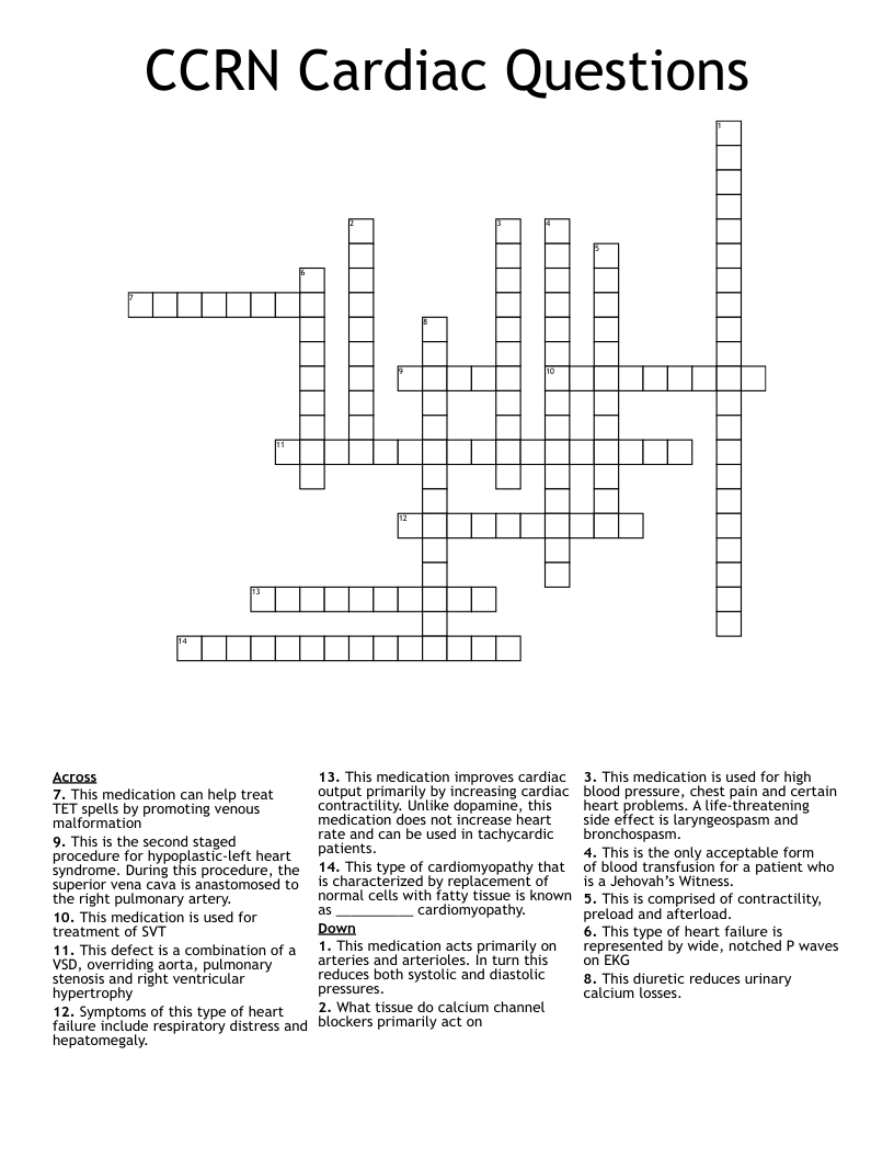CCRN Cardiac Questions Crossword WordMint