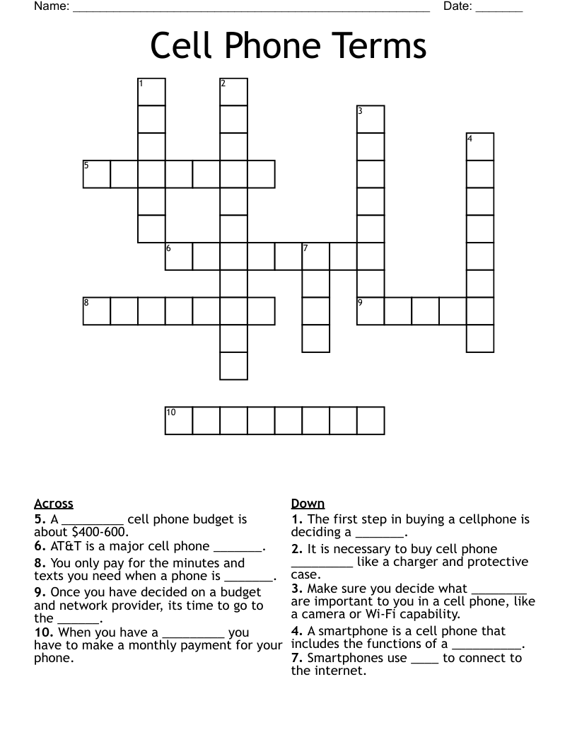 Cell Phone Terms Crossword WordMint