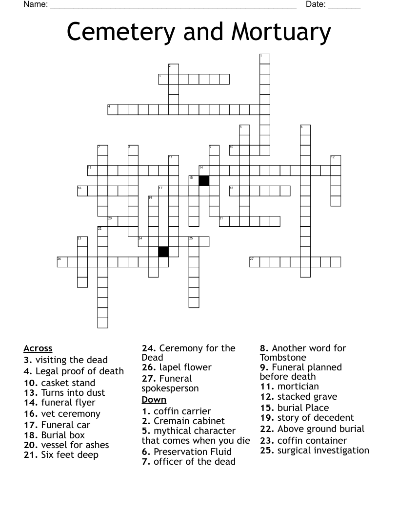 Cemetery And Mortuary Crossword WordMint