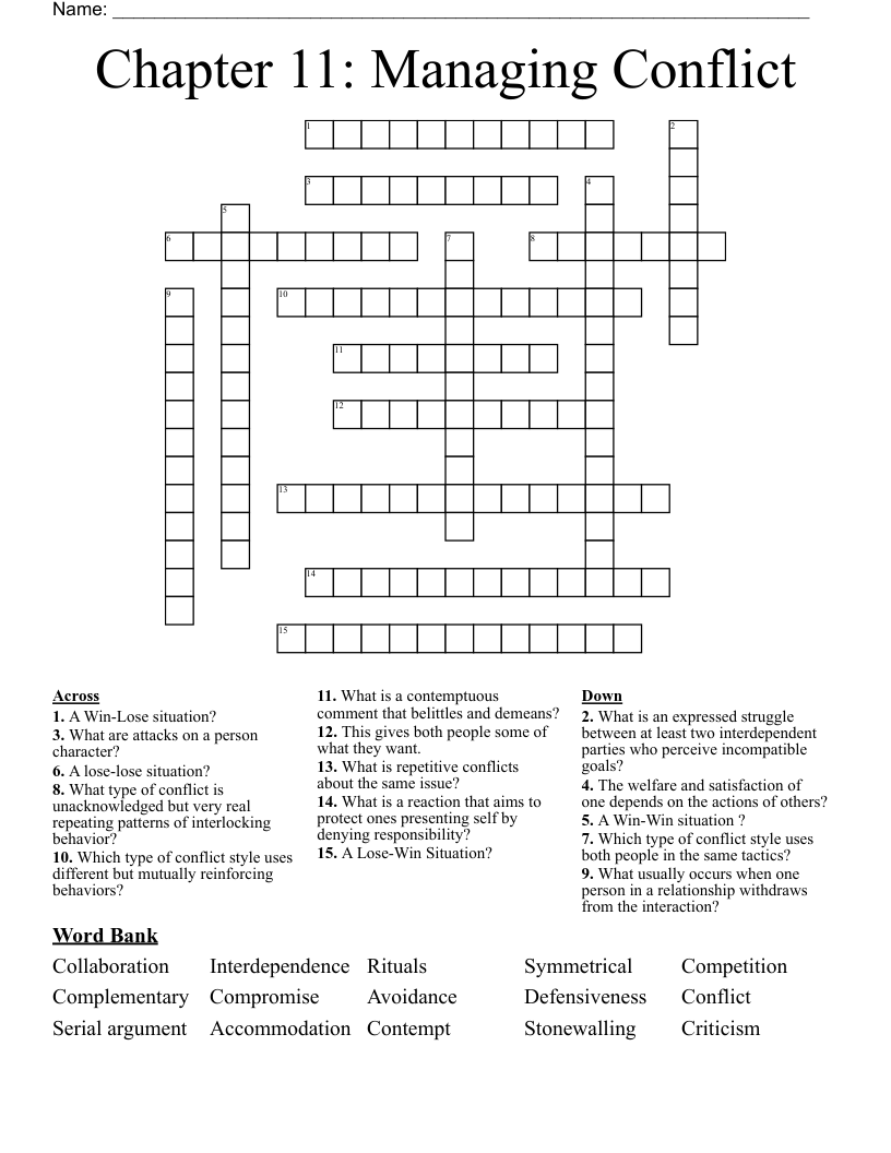 Chapter 11 Managing Conflict Crossword WordMint