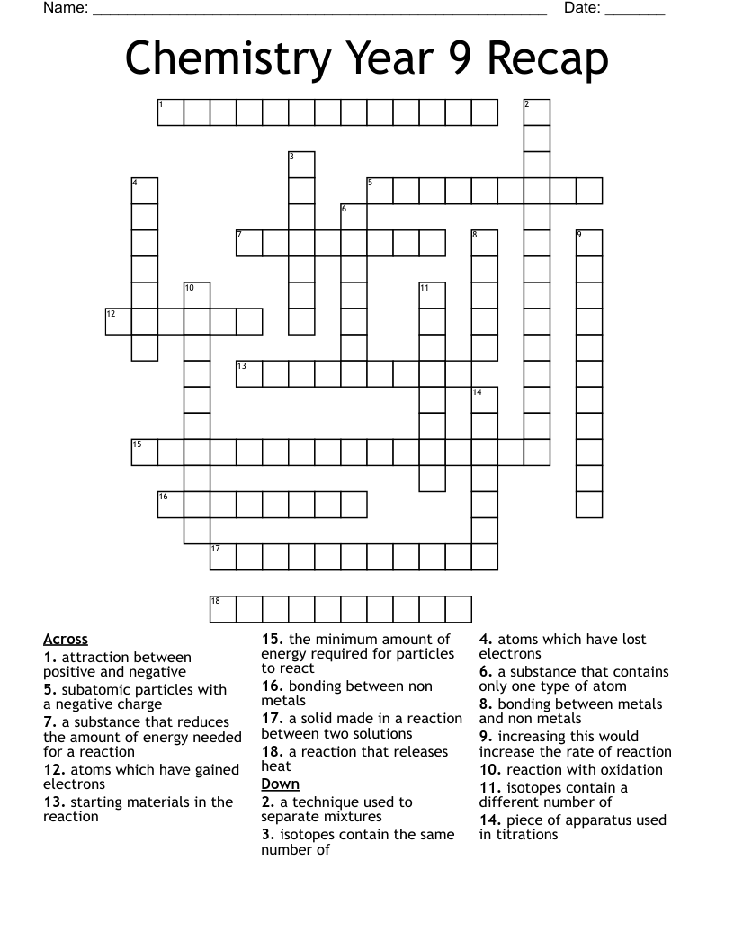 Chemistry Year 9 Recap Crossword WordMint