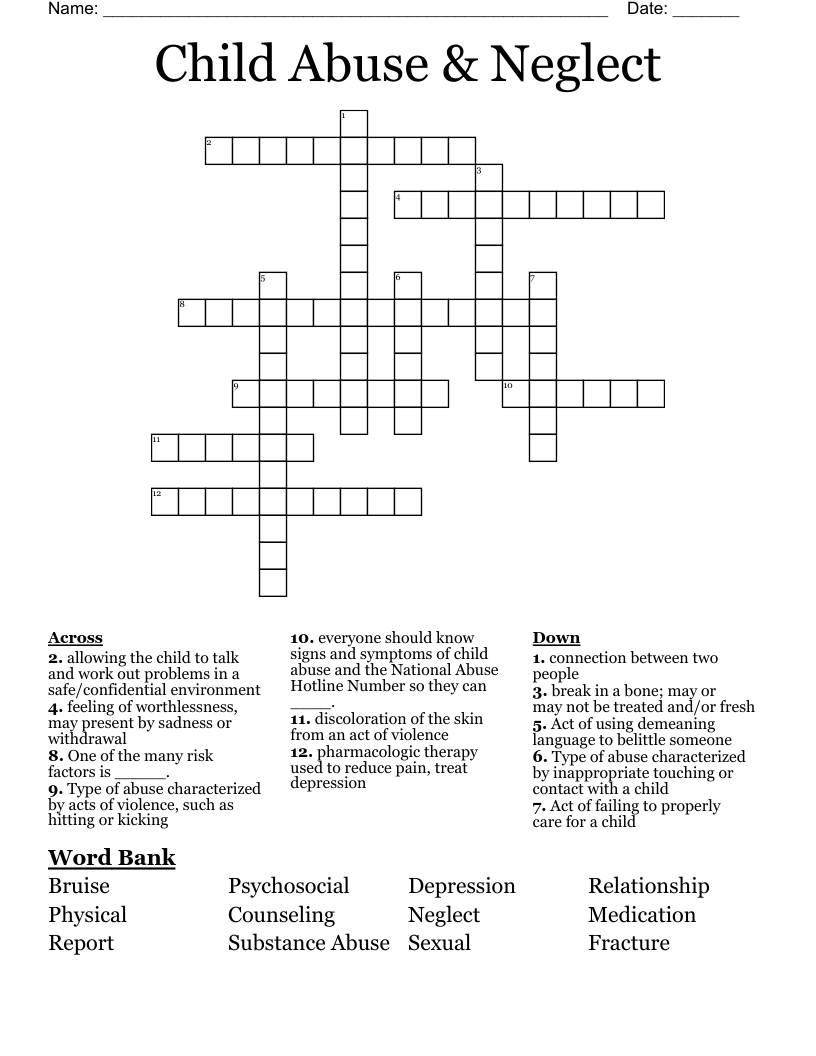 Child Abuse Neglect Crossword WordMint